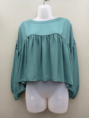 TCEC Teal Babydoll Blouse Medium Balloon Sleeve Oversized Peplum Boho Top